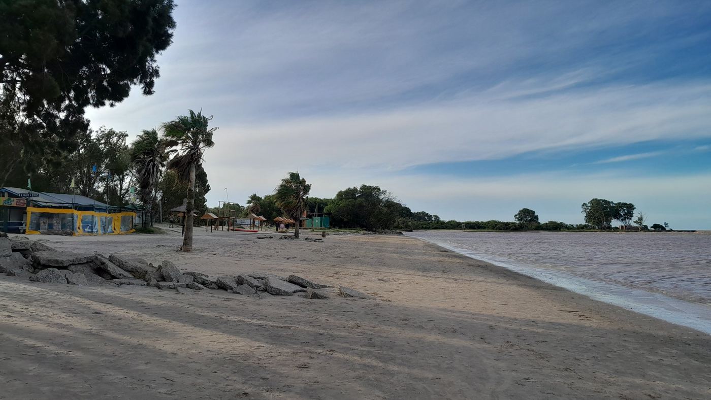 Playa de Punta del Indio con palmeras y la costa del río